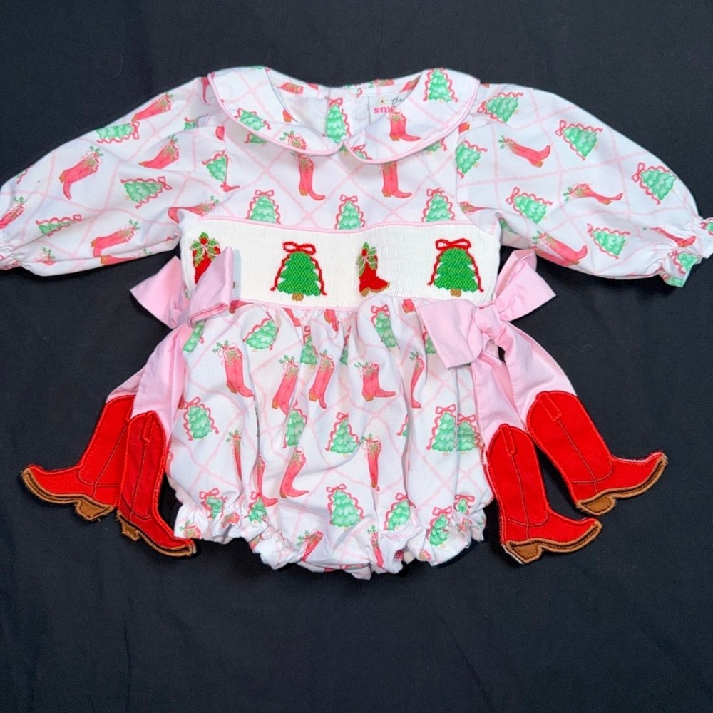The Smocked Sisters Co Christmas Cowboy Boot Smocked Bubble Romper 3M Pink Red
